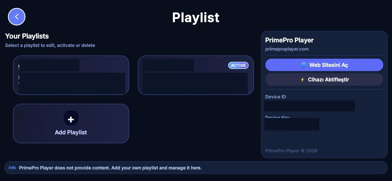 PrimePro Player playlist management screen